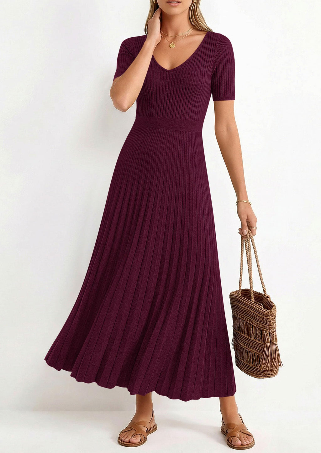 PRETTYGARDEN Women's Spring Midi Sweater Dresses Elegant Pleated Ribbed Knit Short Sleeve V Neck A Line Summer Outfits