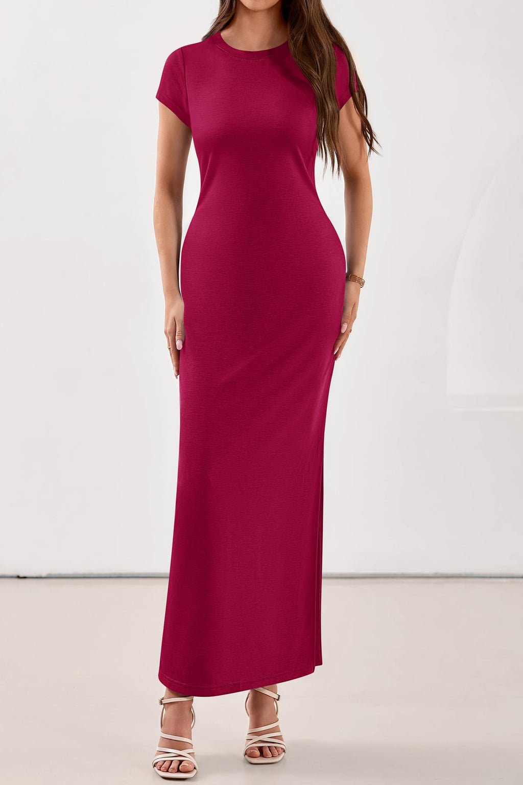 PRETTYGARDEN Womens Summer Maxi Dresses Casual Short Sleeve Crewneck Knit Slit T Shirt Dress Spring Long Beach Sundress