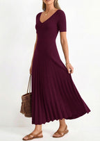 PRETTYGARDEN Women's Spring Midi Sweater Dresses Elegant Pleated Ribbed Knit Short Sleeve V Neck A Line Summer Outfits