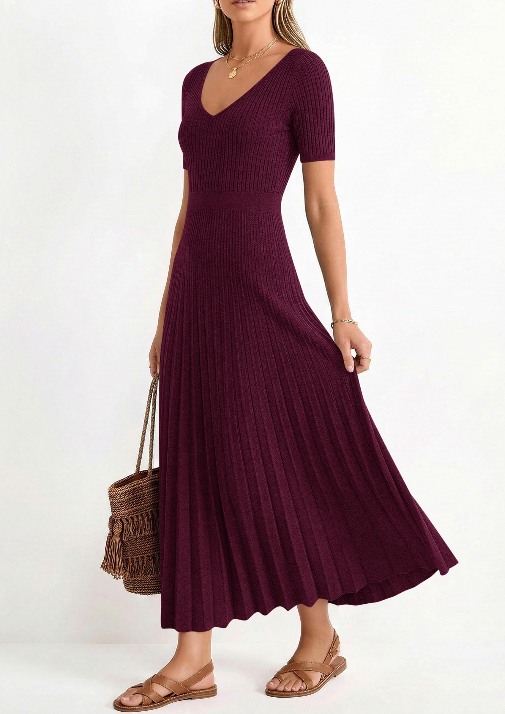 PRETTYGARDEN Women's Spring Midi Sweater Dresses Elegant Pleated Ribbed Knit Short Sleeve V Neck A Line Summer Outfits