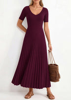 PRETTYGARDEN Women's Spring Midi Sweater Dresses Elegant Pleated Ribbed Knit Short Sleeve V Neck A Line Summer Outfits
