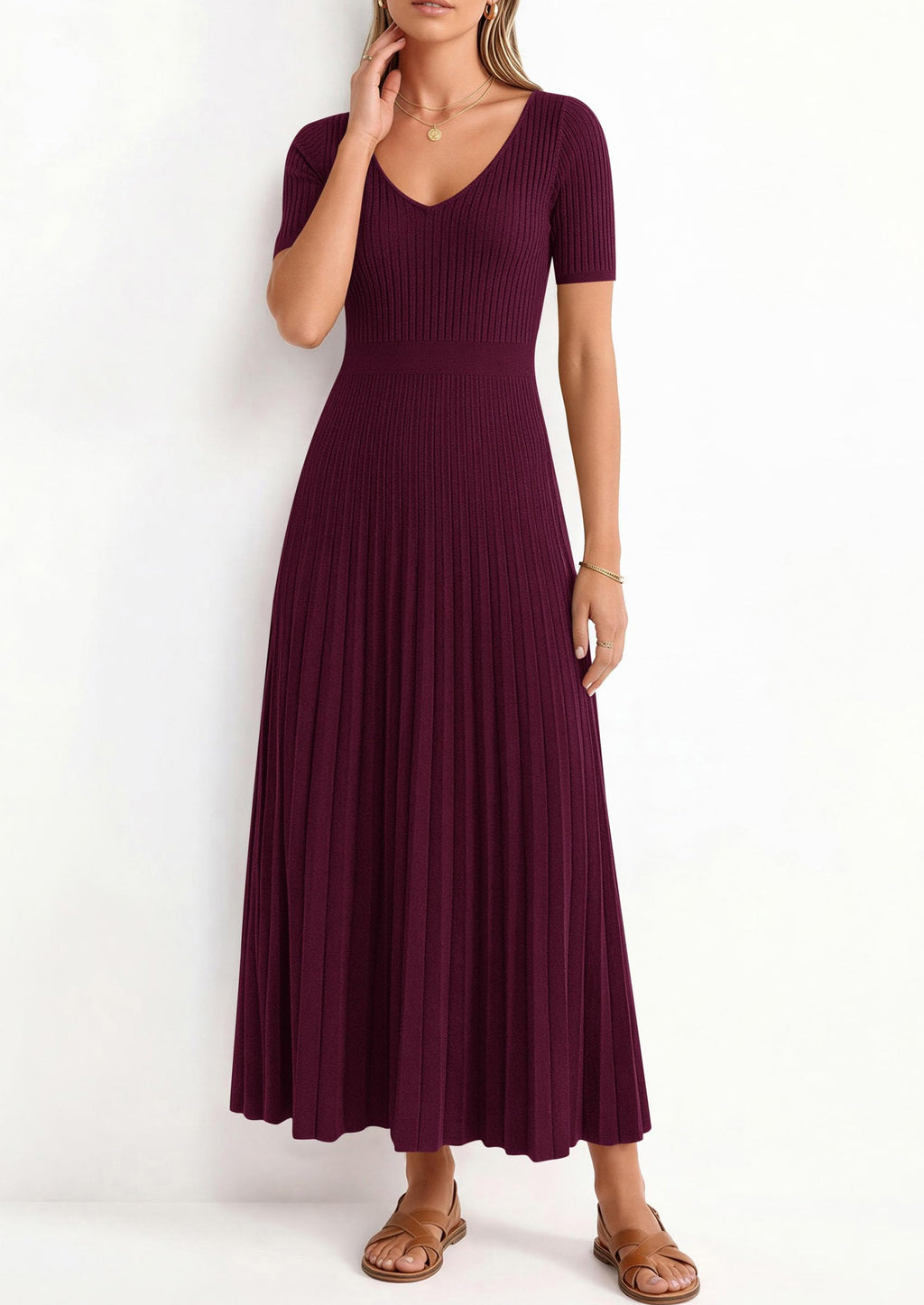 PRETTYGARDEN Women's Spring Midi Sweater Dresses Elegant Pleated Ribbed Knit Short Sleeve V Neck A Line Summer Outfits