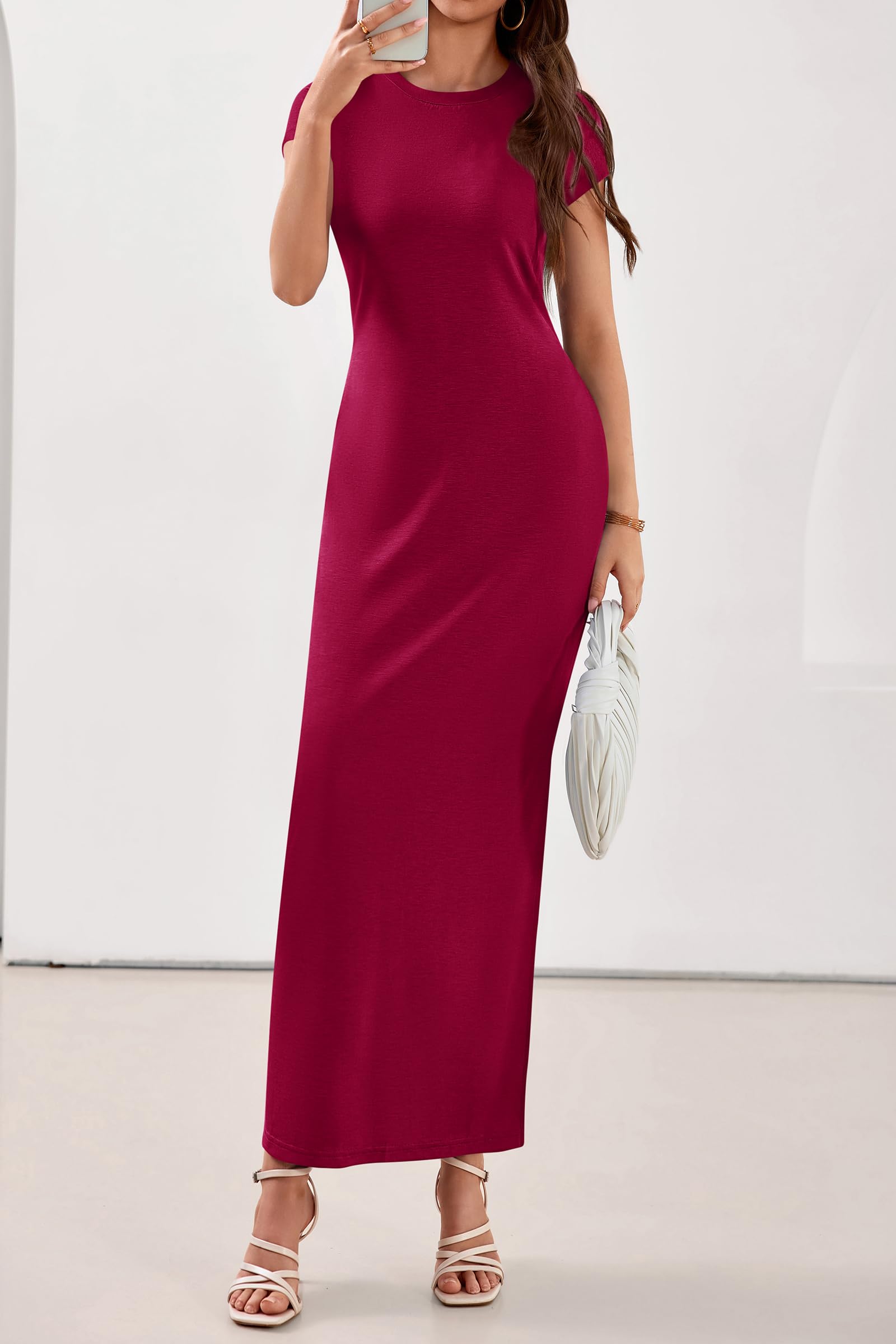 PRETTYGARDEN Womens Summer Maxi Dresses Casual Short Sleeve Crewneck Knit Slit T Shirt Dress Spring Long Beach Sundress