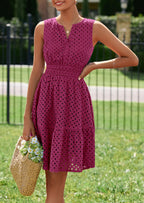 PRETTYGARDEN Women's Summer Dresses Sleeveless V Neck Eyelet Hollow Out Swing A Line Beach Vacation Sun Dress