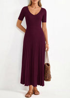 PRETTYGARDEN Women's Spring Midi Sweater Dresses Elegant Pleated Ribbed Knit Short Sleeve V Neck A Line Summer Outfits