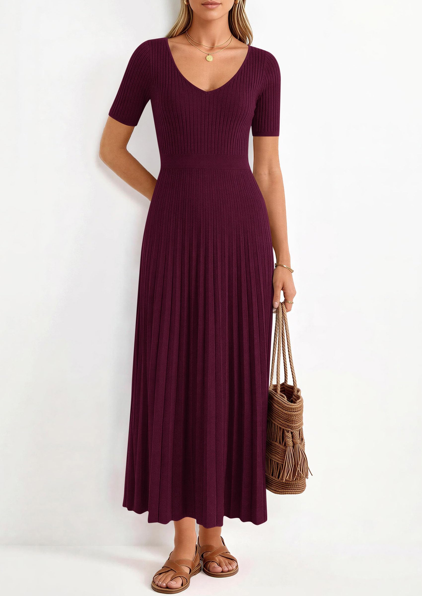 PRETTYGARDEN Women's Spring Midi Sweater Dresses Elegant Pleated Ribbed Knit Short Sleeve V Neck A Line Summer Outfits