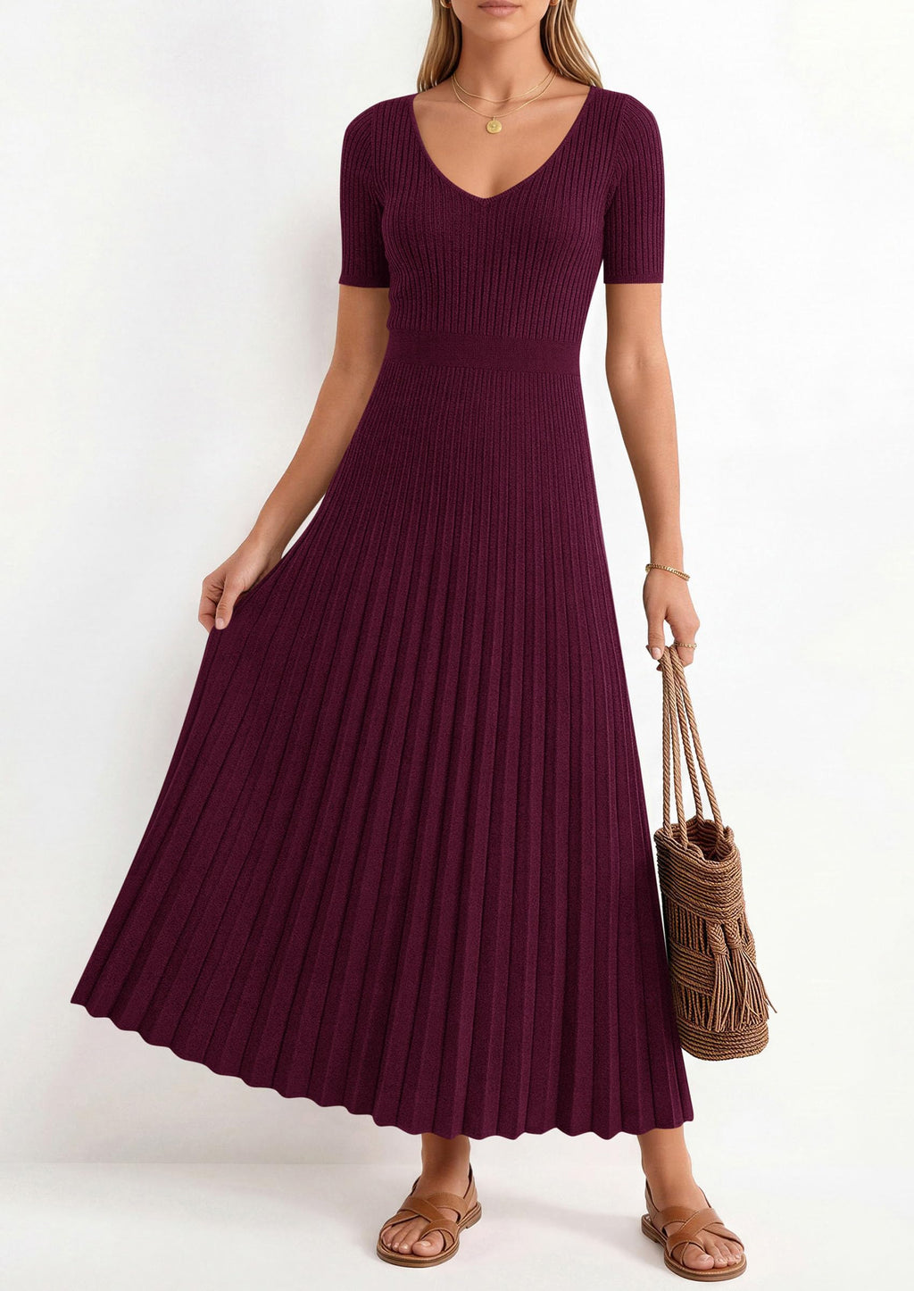 PRETTYGARDEN Women's Spring Midi Sweater Dresses Elegant Pleated Ribbed Knit Short Sleeve V Neck A Line Summer Outfits
