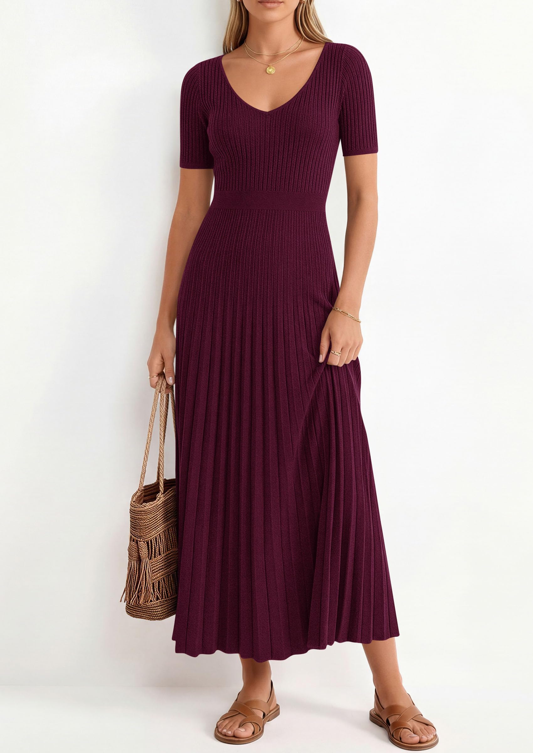 PRETTYGARDEN Women's Spring Midi Sweater Dresses Elegant Pleated Ribbed Knit Short Sleeve V Neck A Line Summer Outfits