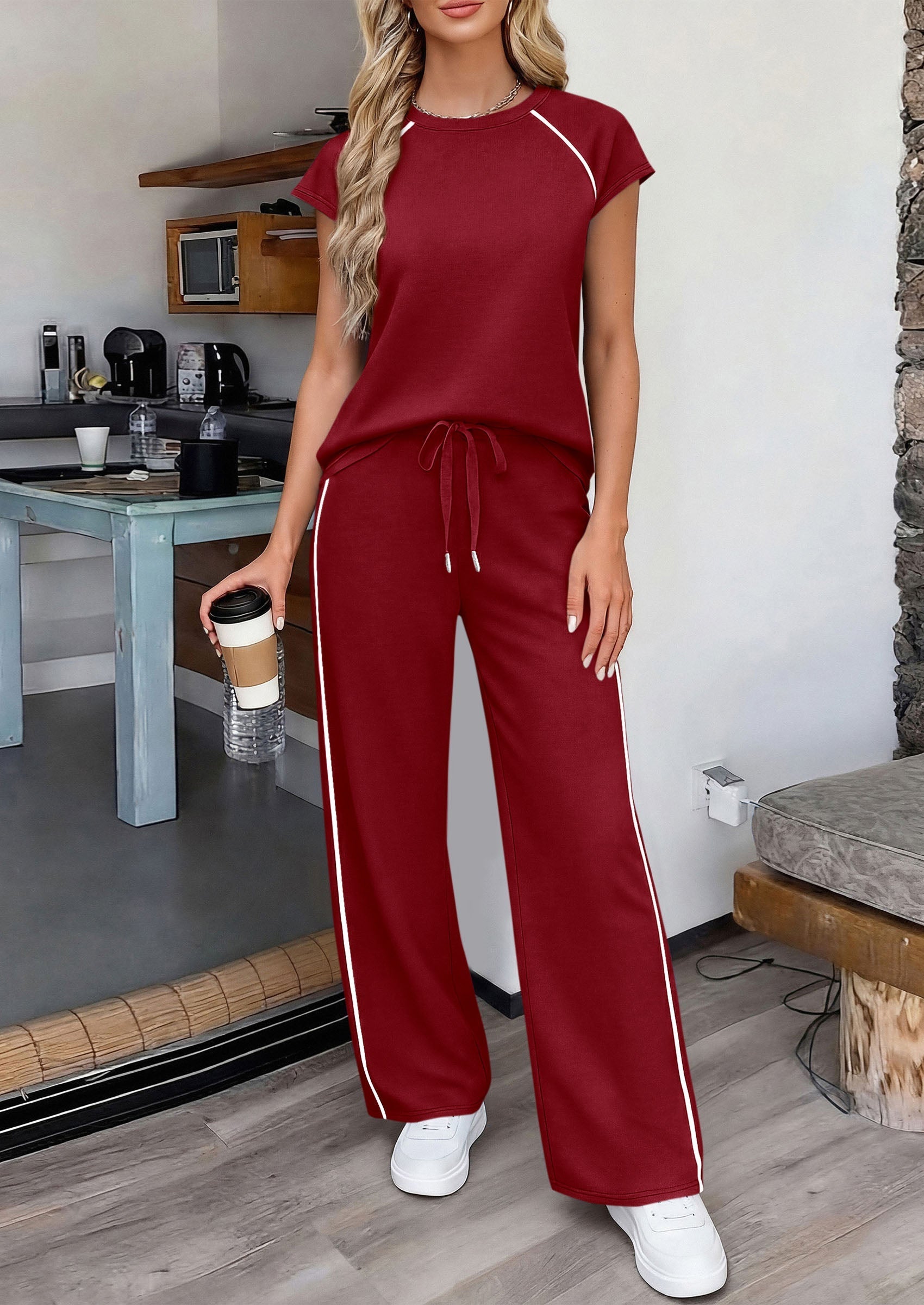 PRETTYGARDEN Women's 2 Piece Lounge Sets Summer Cap Sleeve Tops Wide Leg Pants Travel Outfits Matching Fashion Clothing