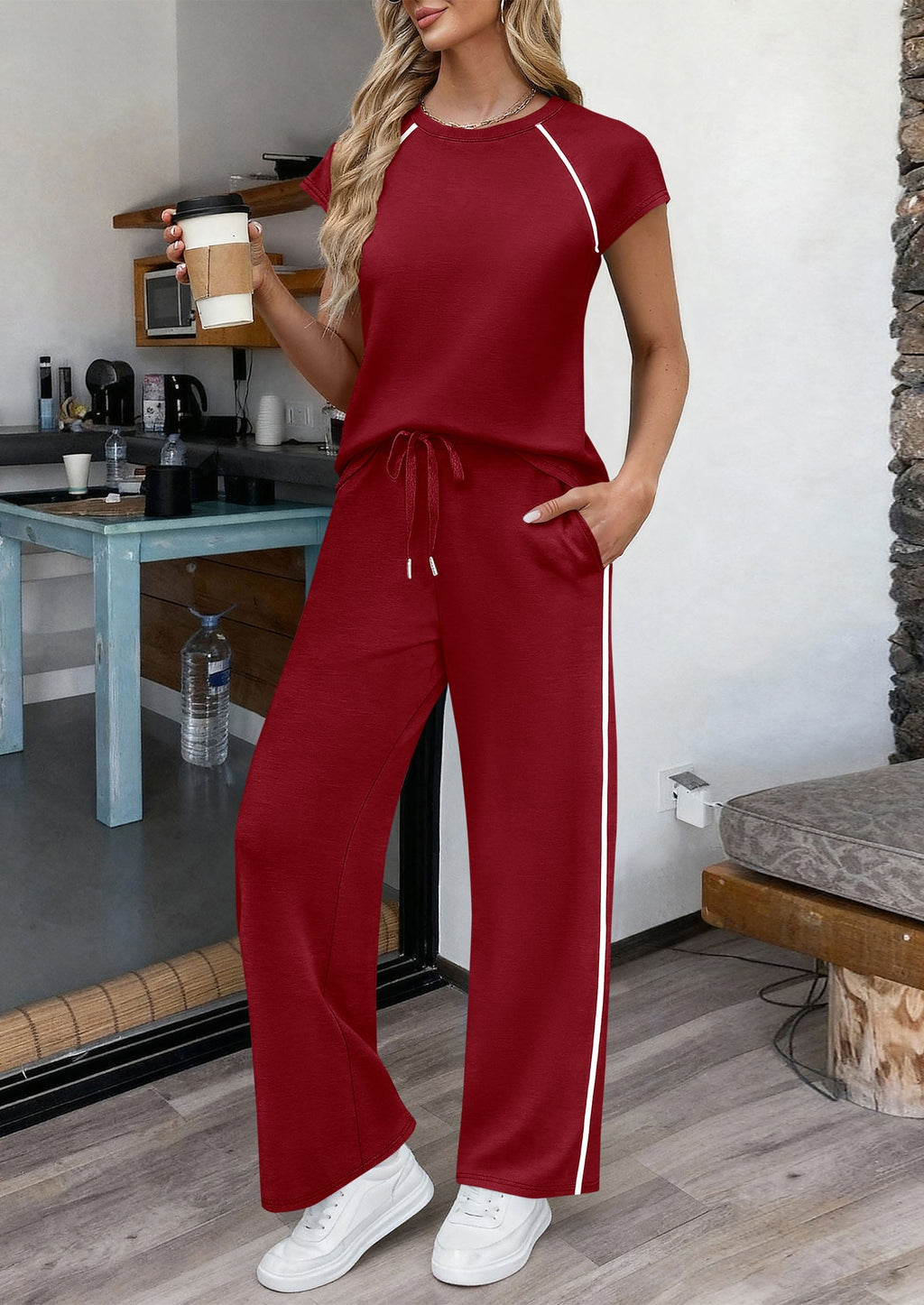 PRETTYGARDEN Women's 2 Piece Lounge Sets Summer Cap Sleeve Tops Wide Leg Pants Travel Outfits Matching Fashion Clothing