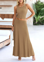 PRETTYGARDEN 2 Piece Maxi Skirt Sets Casual Knit Cropped Tank Top High Waisted Long Skirts Outfit