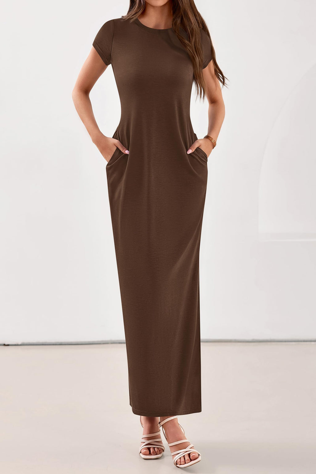 PRETTYGARDEN Womens Summer Maxi Dresses Casual Short Sleeve Crewneck Knit Slit T Shirt Dress Spring Long Beach Sundress