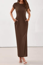 PRETTYGARDEN Womens Summer Maxi Dresses Casual Short Sleeve Crewneck Knit Slit T Shirt Dress Spring Long Beach Sundress