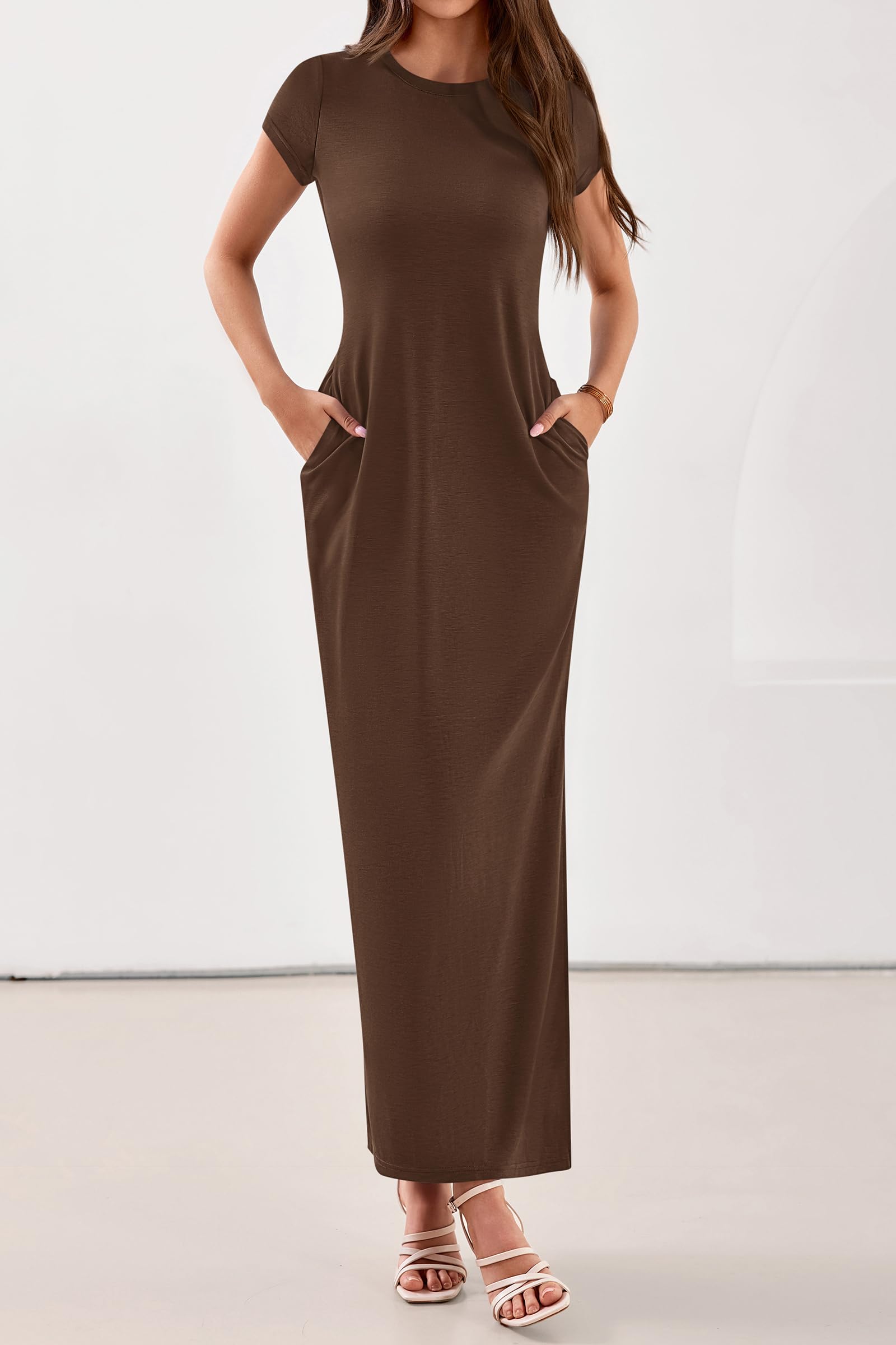 PRETTYGARDEN Womens Summer Maxi Dresses Casual Short Sleeve Crewneck Knit Slit T Shirt Dress Spring Long Beach Sundress