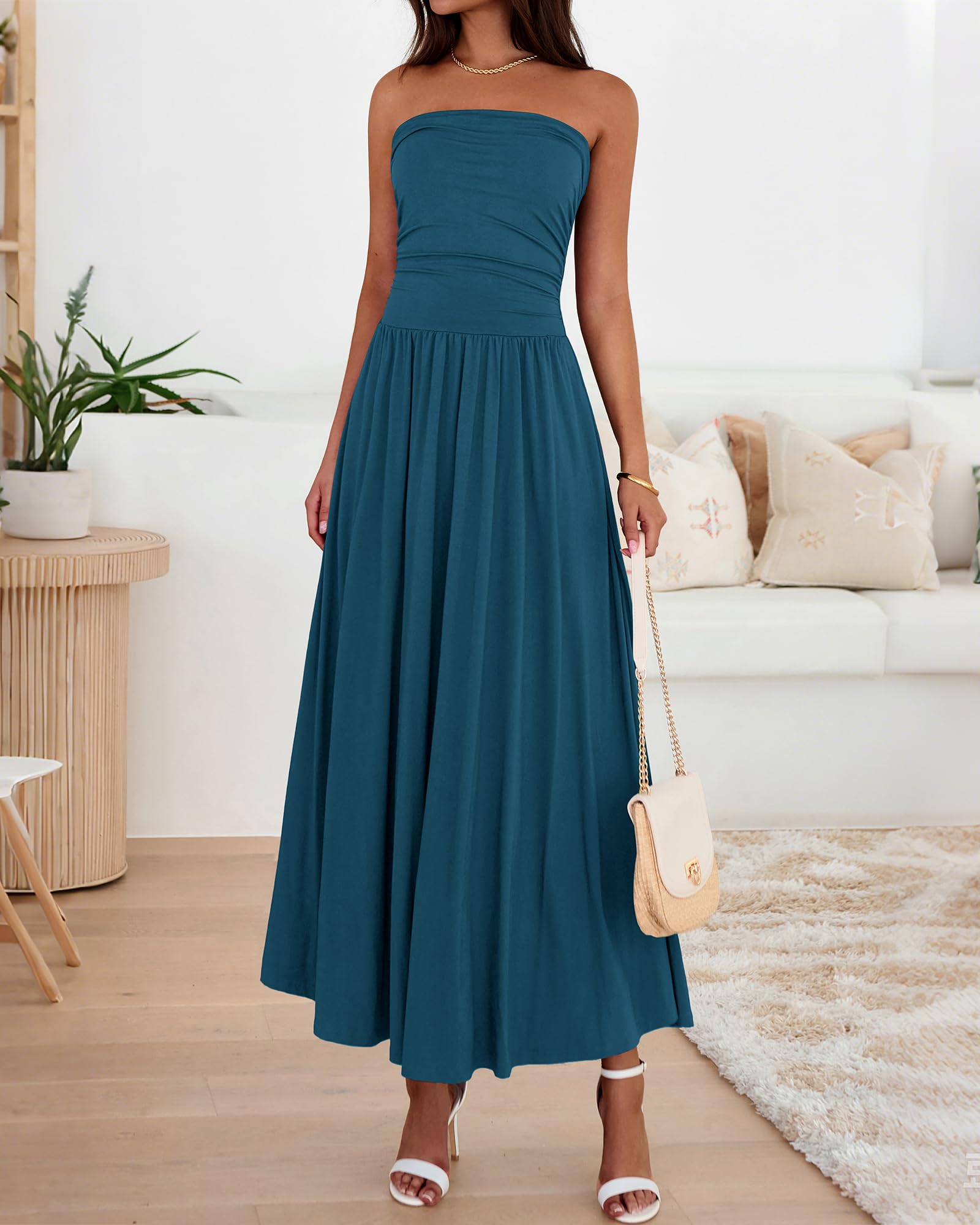 BTFBM Summer Maxi Dresses for Women Strapless Ruched Tube Top Beach Vacation Spring Wedding Guest Dress Pockets