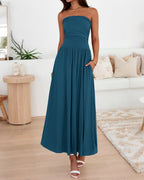 BTFBM Summer Maxi Dresses for Women Strapless Ruched Tube Top Beach Vacation Spring Wedding Guest Dress Pockets