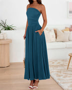 BTFBM Summer Maxi Dresses for Women Strapless Ruched Tube Top Beach Vacation Spring Wedding Guest Dress Pockets