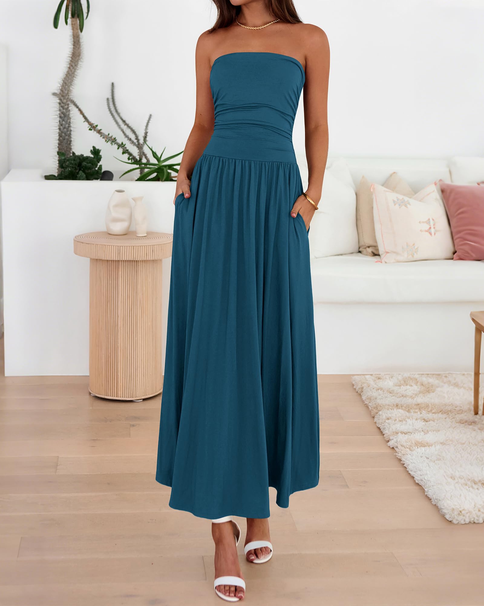 BTFBM Summer Maxi Dresses for Women Strapless Ruched Tube Top Beach Vacation Spring Wedding Guest Dress Pockets