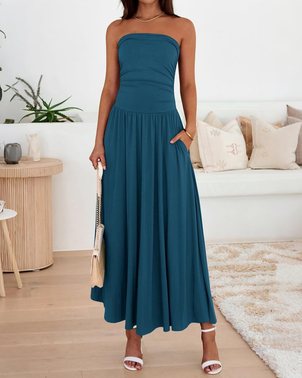 BTFBM Summer Maxi Dresses for Women Strapless Ruched Tube Top Beach Vacation Spring Wedding Guest Dress Pockets