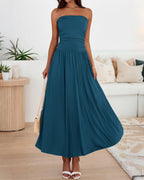BTFBM Summer Maxi Dresses for Women Strapless Ruched Tube Top Beach Vacation Spring Wedding Guest Dress Pockets