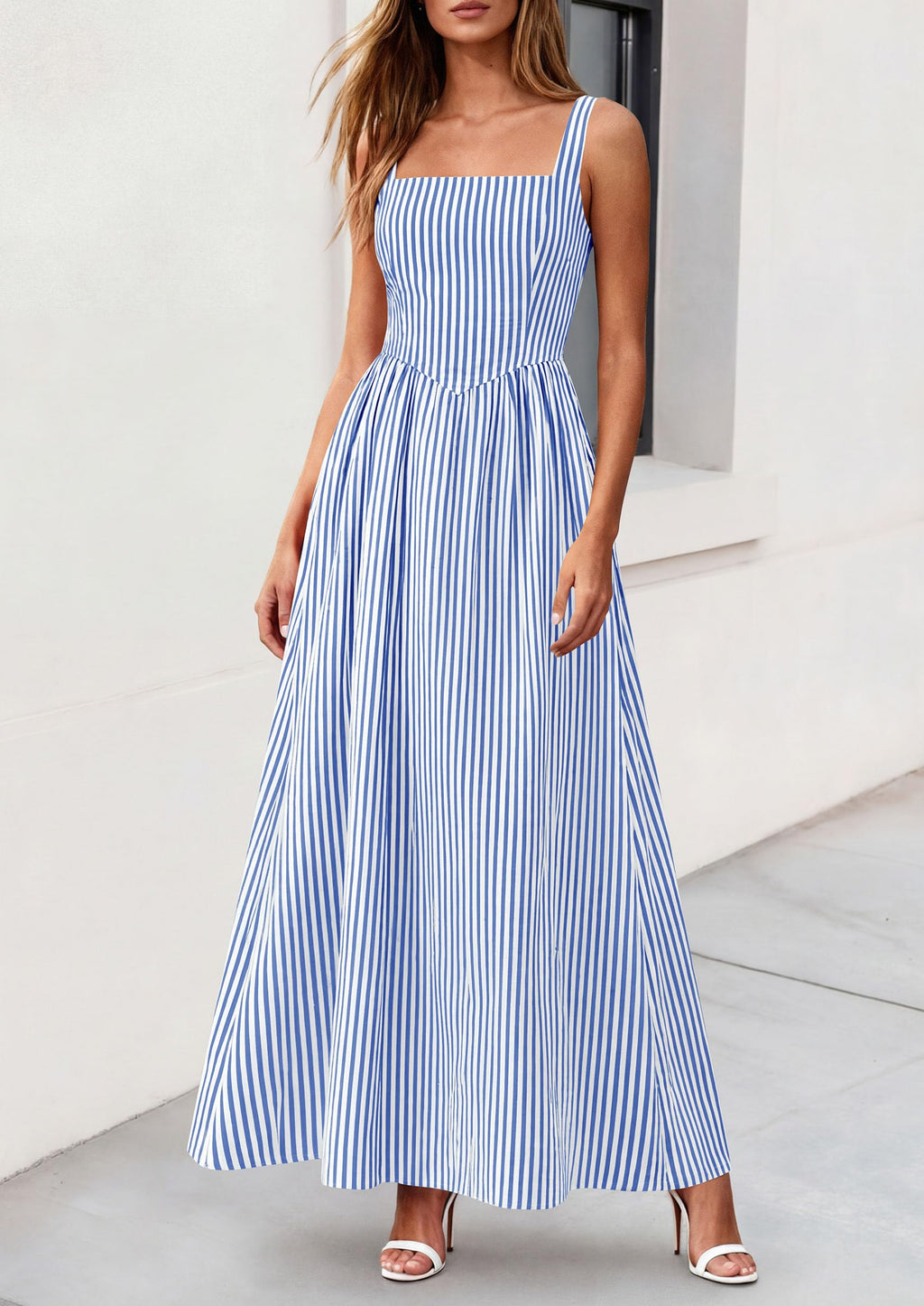 PRETTYGARDEN Women's Maxi Striped Dress Summer Sleeveless Square Neck Smocked A Line Long Flowy Spring Vacation Sundress