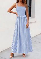 PRETTYGARDEN Women's Maxi Striped Dress Summer Sleeveless Square Neck Smocked A Line Long Flowy Spring Vacation Sundress