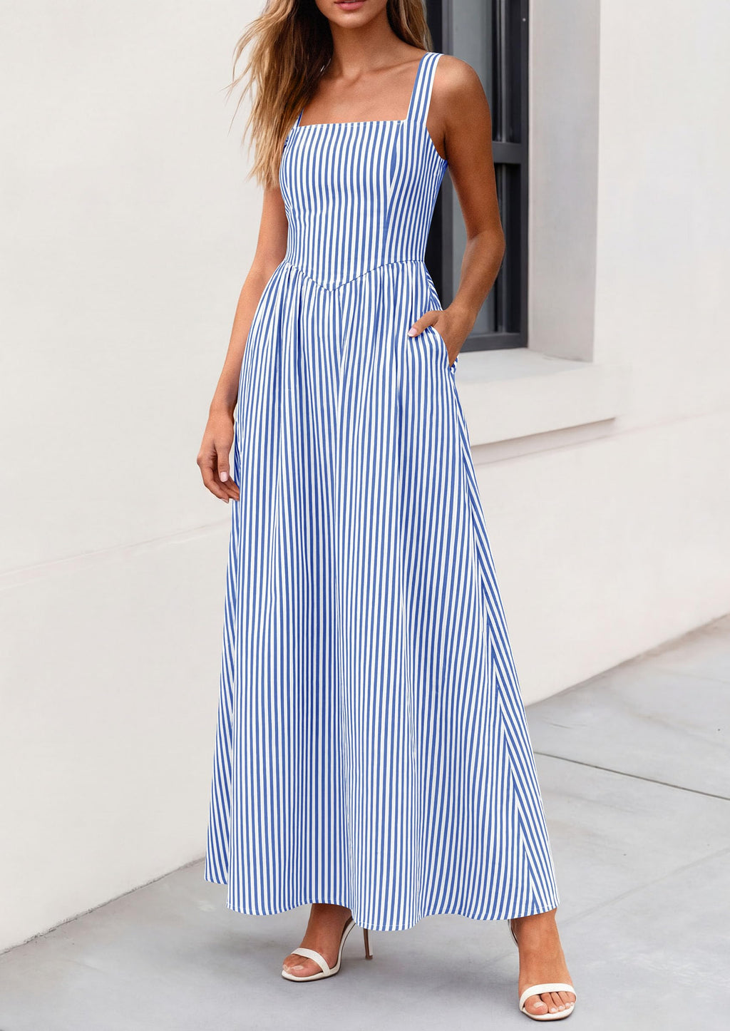 PRETTYGARDEN Women's Maxi Striped Dress Summer Sleeveless Square Neck Smocked A Line Long Flowy Spring Vacation Sundress