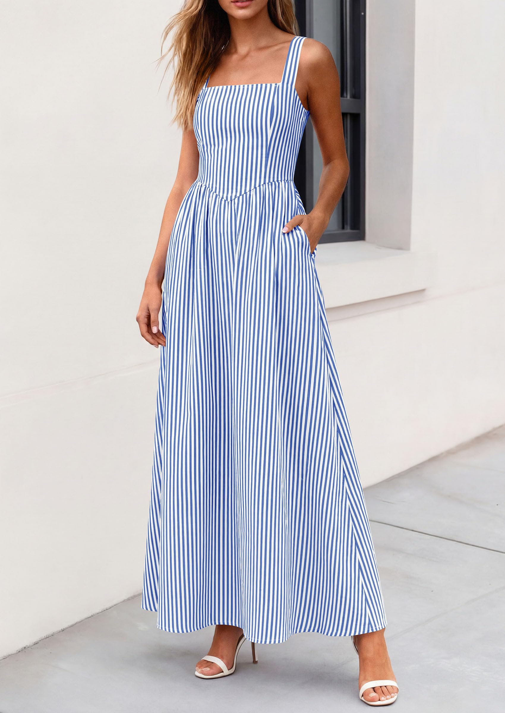 PRETTYGARDEN Women's Maxi Striped Dress Summer Sleeveless Square Neck Smocked A Line Long Flowy Spring Vacation Sundress