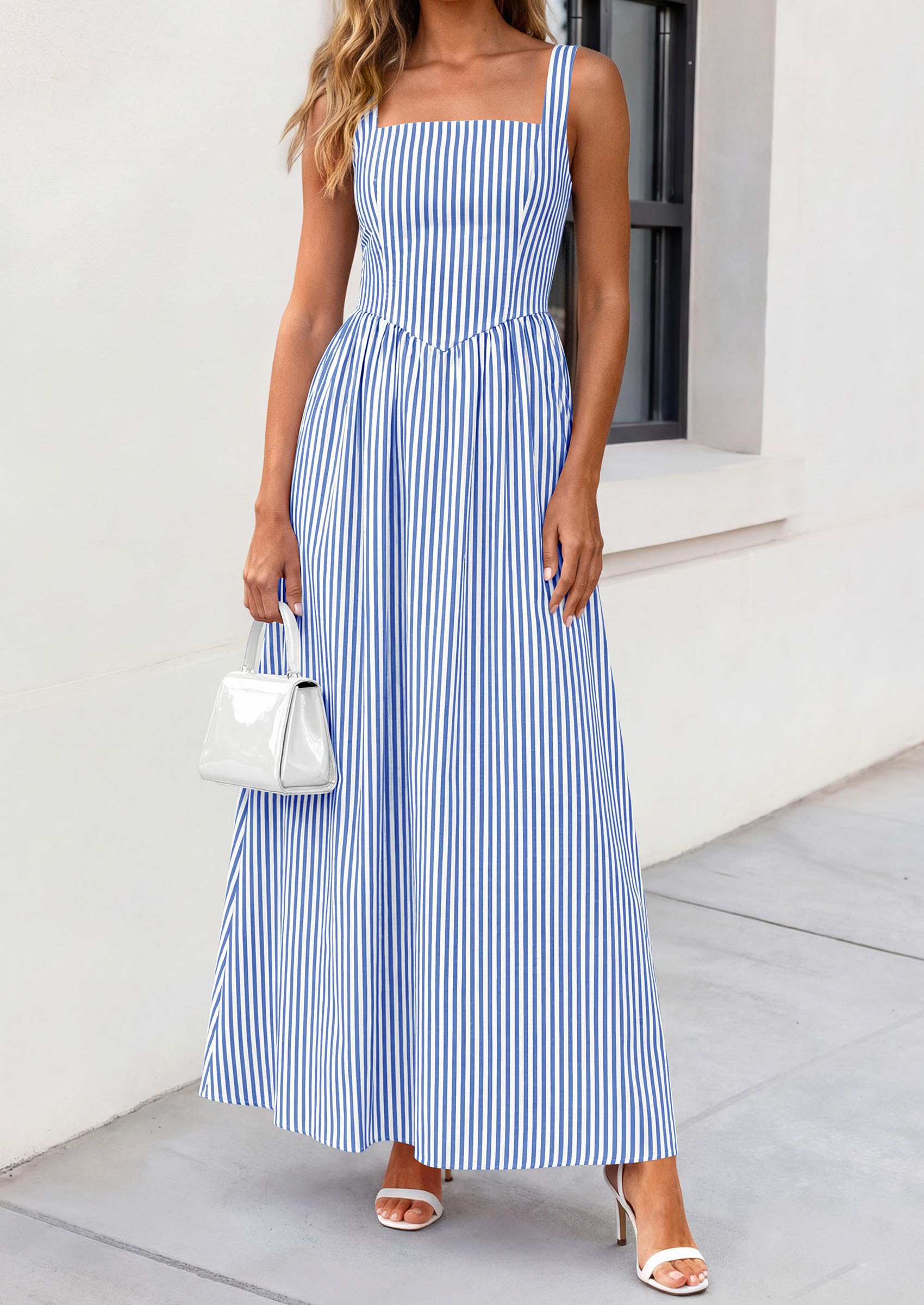 PRETTYGARDEN Women's Maxi Striped Dress Summer Sleeveless Square Neck Smocked A Line Long Flowy Spring Vacation Sundress