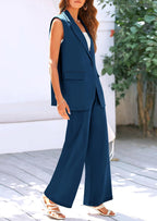 PRETTYGARDEN Women's 2 Piece Outfits Sleeveless Suit Vest and Wide Leg Pants Business Casual Blazer Sets