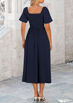 PRETTYGARDEN Summer Dress for Women Casual Short Sleeve Bow Tie V Neck Ruffle Midi Flowy Dresses
