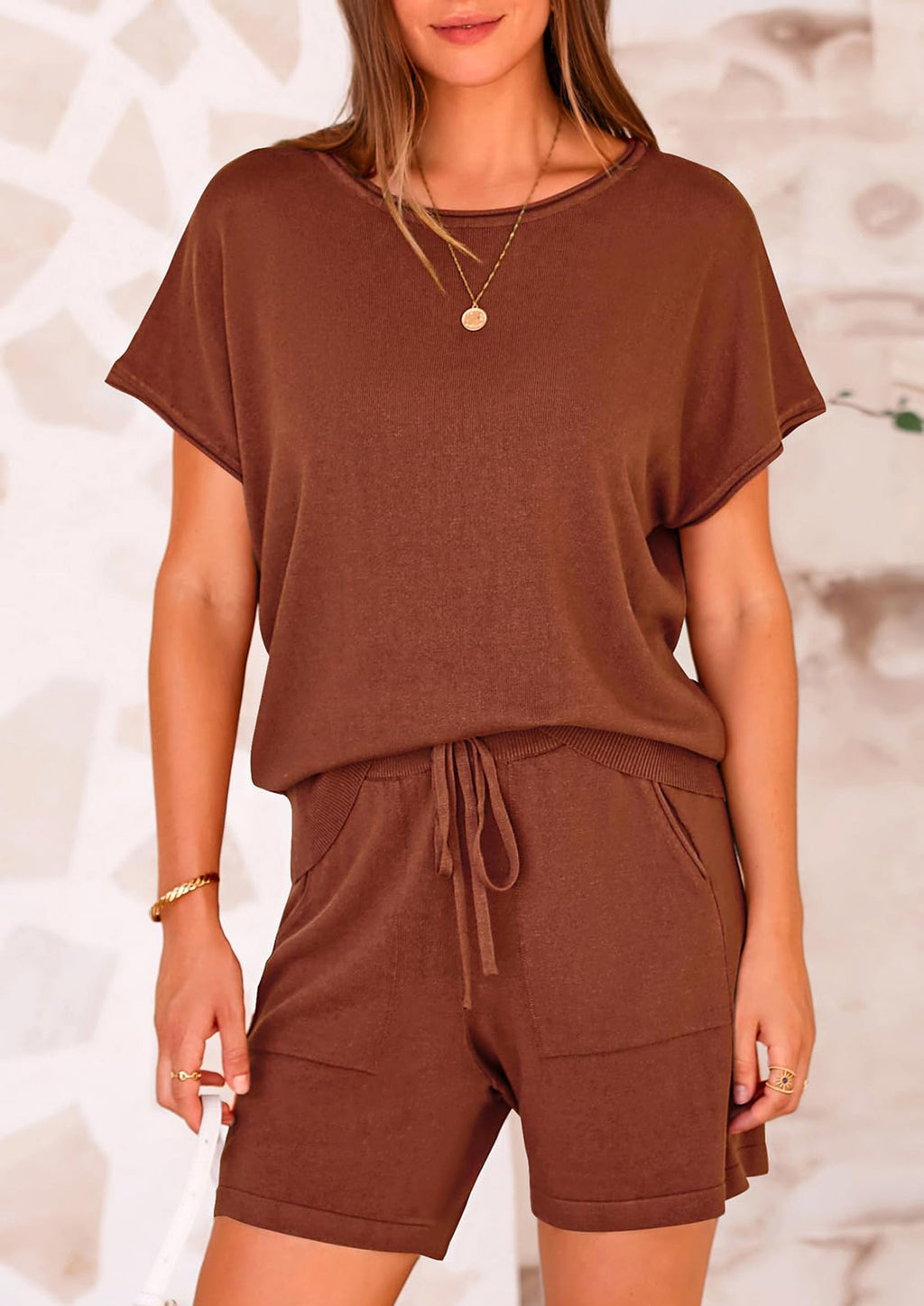 PRETTYGARDEN Two Piece Set for Women Summer Lounge Sets Shorts And Short Sleeve Tops Knitted Matching Travel Spring Outfits