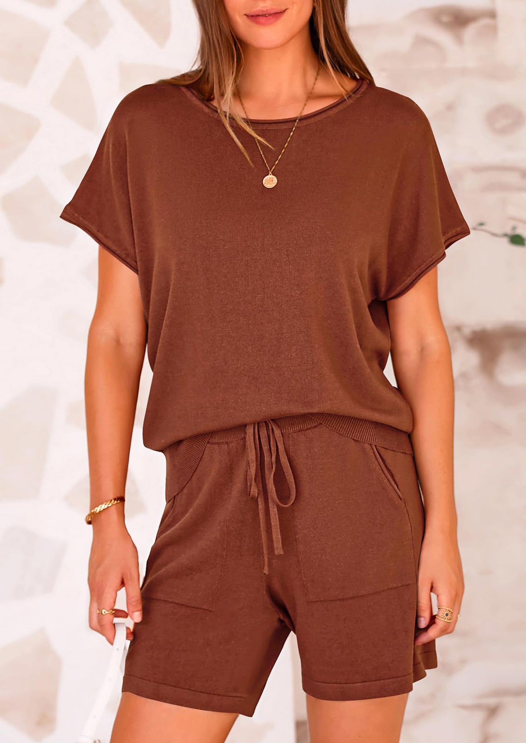 PRETTYGARDEN Two Piece Set for Women Summer Lounge Sets Shorts And Short Sleeve Tops Knitted Matching Travel Spring Outfits