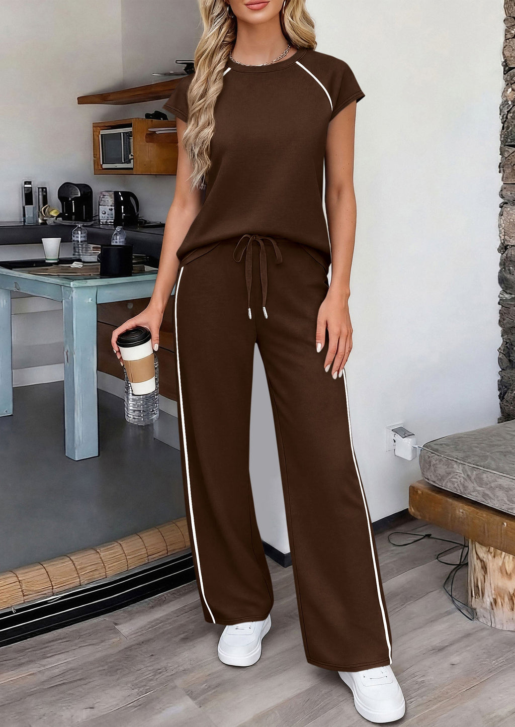 PRETTYGARDEN Women's 2 Piece Lounge Sets Summer Cap Sleeve Tops Wide Leg Pants Travel Outfits Matching Fashion Clothing