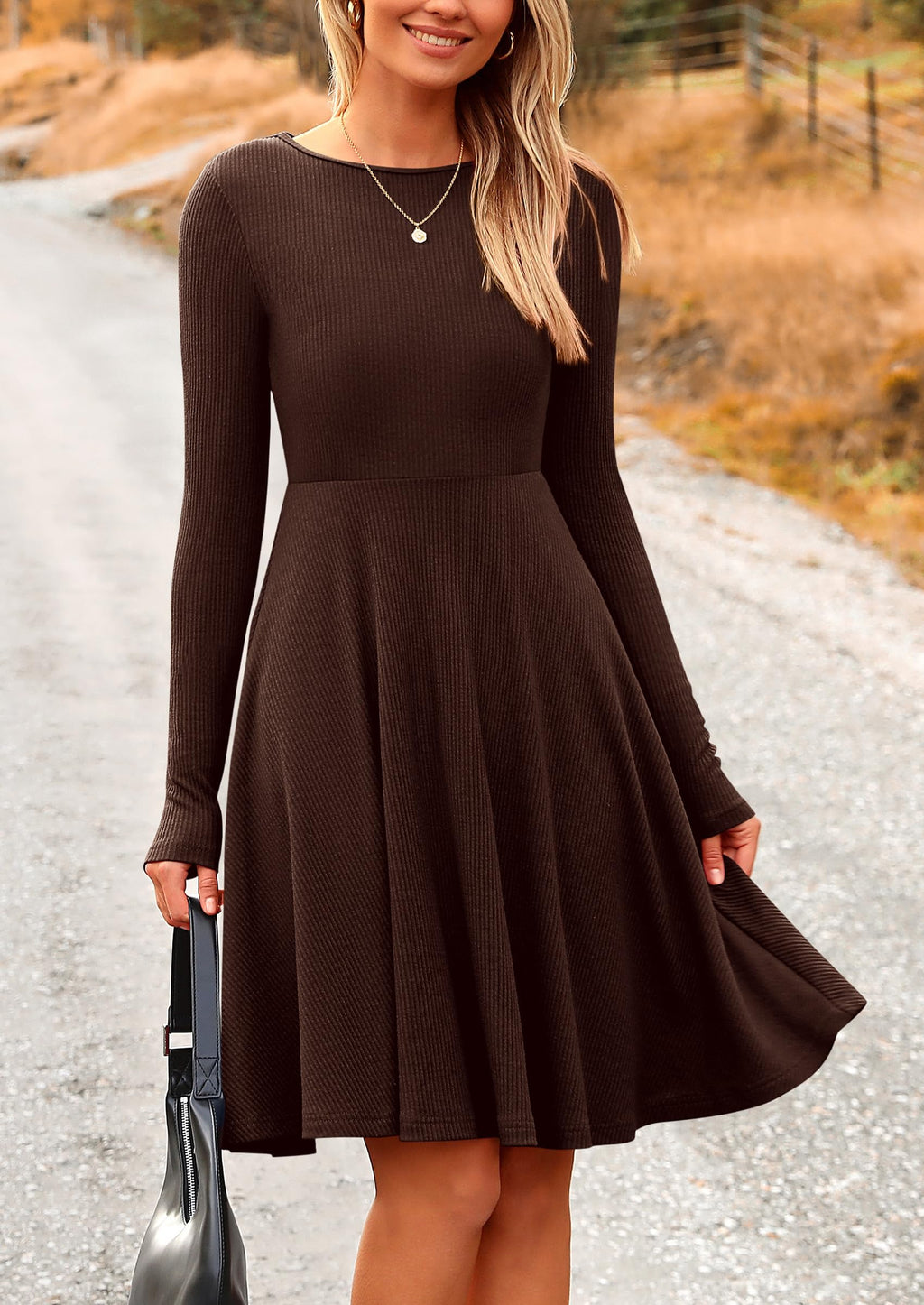 PRETTYGARDEN Women's Spring Fall Short Dress Ribbed Knit Crewneck Long Sleeve A Line Flowy Casual Elegant Going Out Dresses