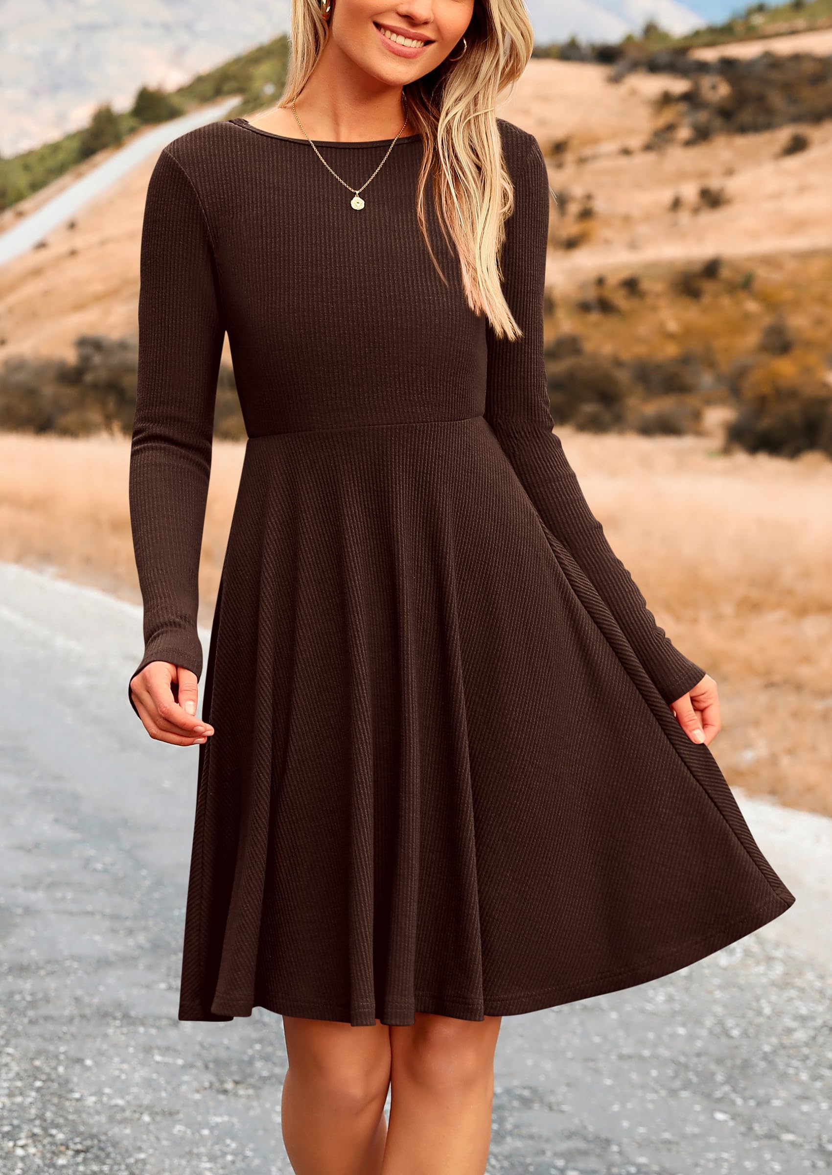 PRETTYGARDEN Women's Spring Fall Short Dress Ribbed Knit Crewneck Long Sleeve A Line Flowy Casual Elegant Going Out Dresses