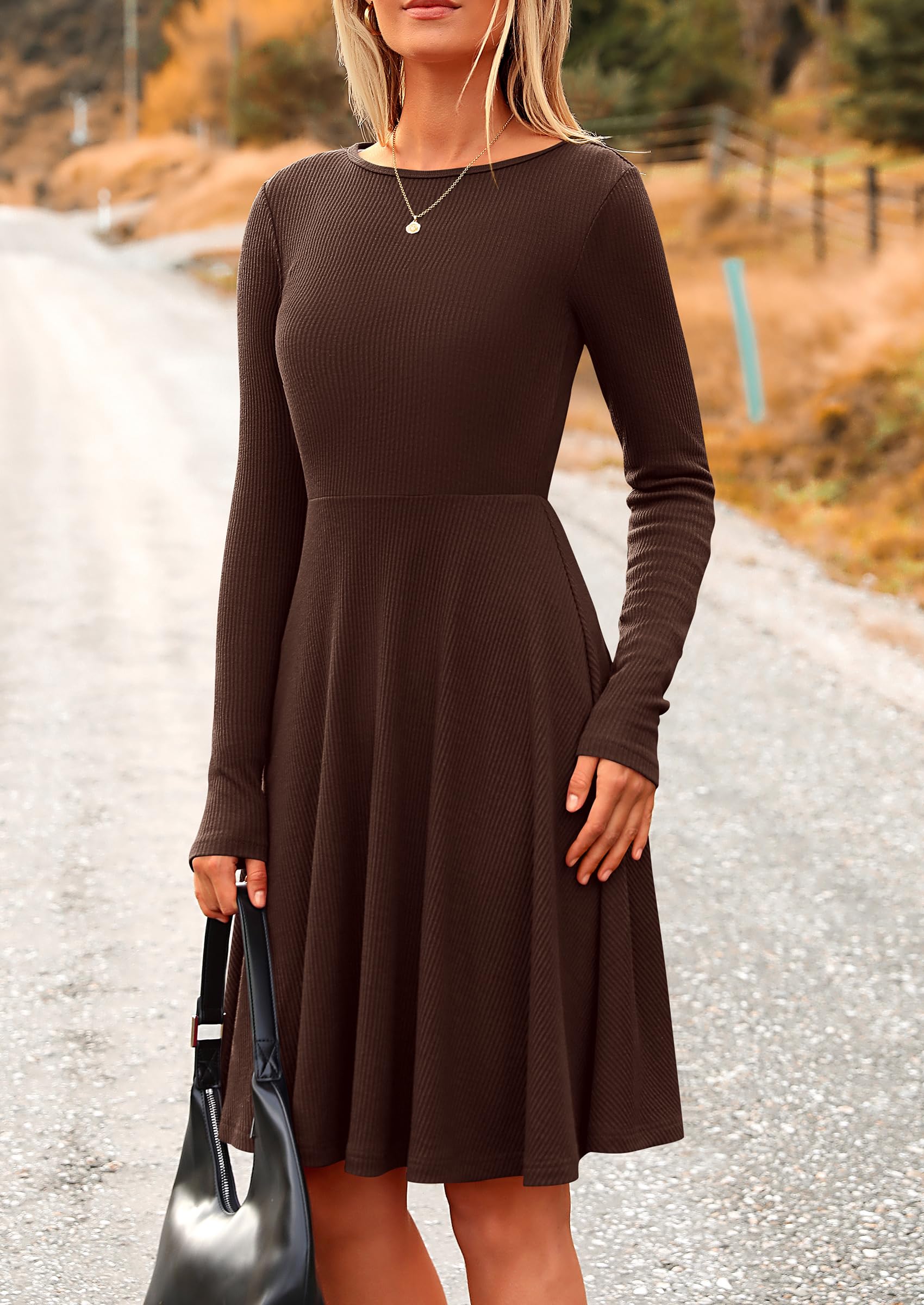 PRETTYGARDEN Women's Spring Fall Short Dress Ribbed Knit Crewneck Long Sleeve A Line Flowy Casual Elegant Going Out Dresses