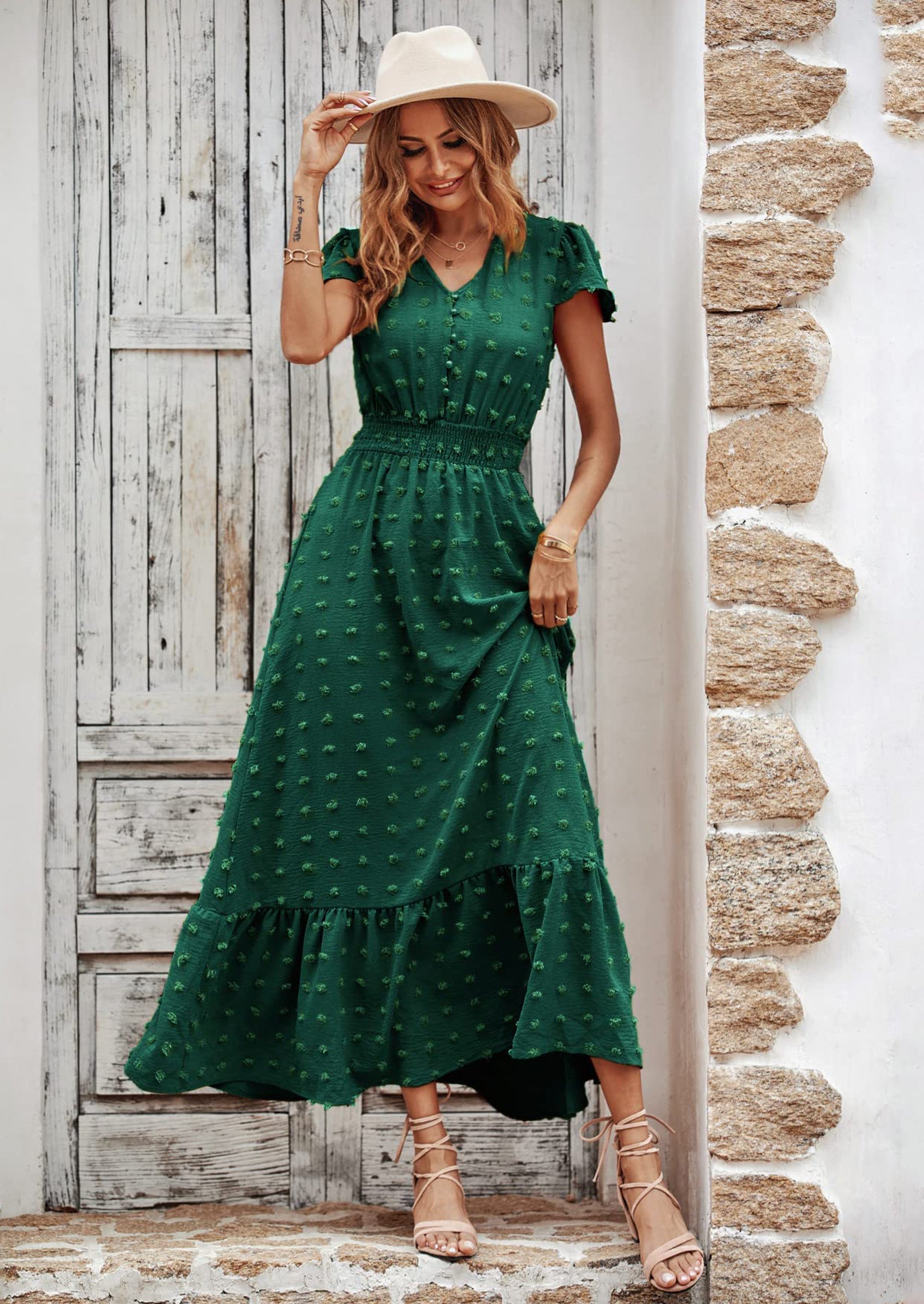PRETTYGARDEN Womens Dresses Summer Maxi Dress Boho Short Sleeve V Neck Swiss Dot Ruffle Tiered Smocked Flowy Long Dress
