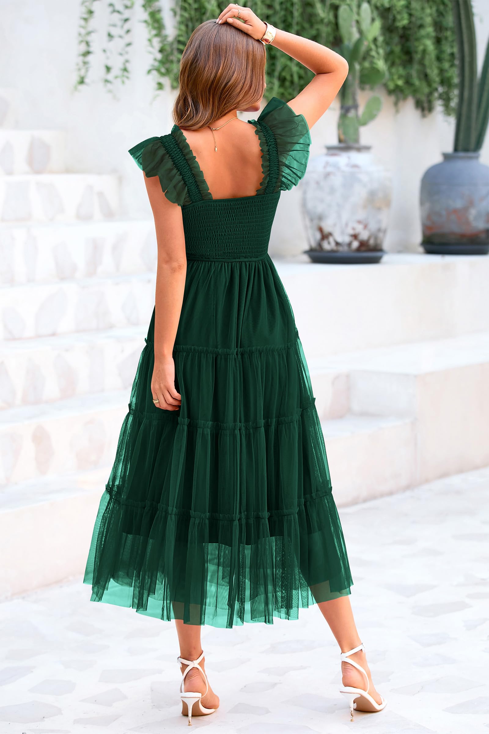 PRETTYGARDEN Women's Tulle Midi Dress Sleeveless Smocked Ruffle Mesh Flowy Dresses Party Wedding Guest Sundress