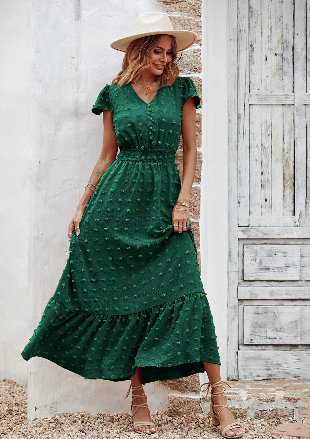 PRETTYGARDEN Womens Dresses Summer Maxi Dress Boho Short Sleeve V Neck Swiss Dot Ruffle Tiered Smocked Flowy Long Dress