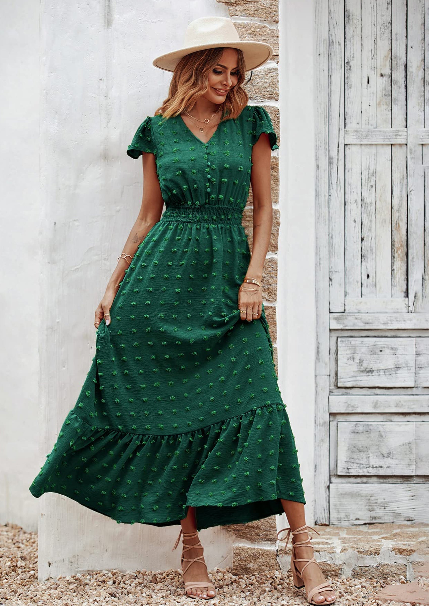 PRETTYGARDEN Womens Dresses Summer Maxi Dress Boho Short Sleeve V Neck Swiss Dot Ruffle Tiered Smocked Flowy Long Dress