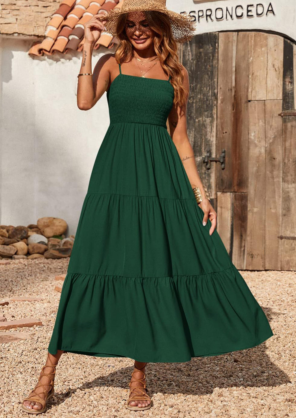 PRETTYGARDEN Women's Summer Maxi Dress Casual Boho Sleeveless Spaghetti Strap Smocked Tiered Long Beach Sundresses