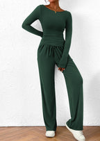 PRETTYGARDEN Women's 2 Piece Lounge Sets Asymmetrical Long Sleeve T Shirt Wide Leg Pants Casual Outfits Tracksuit