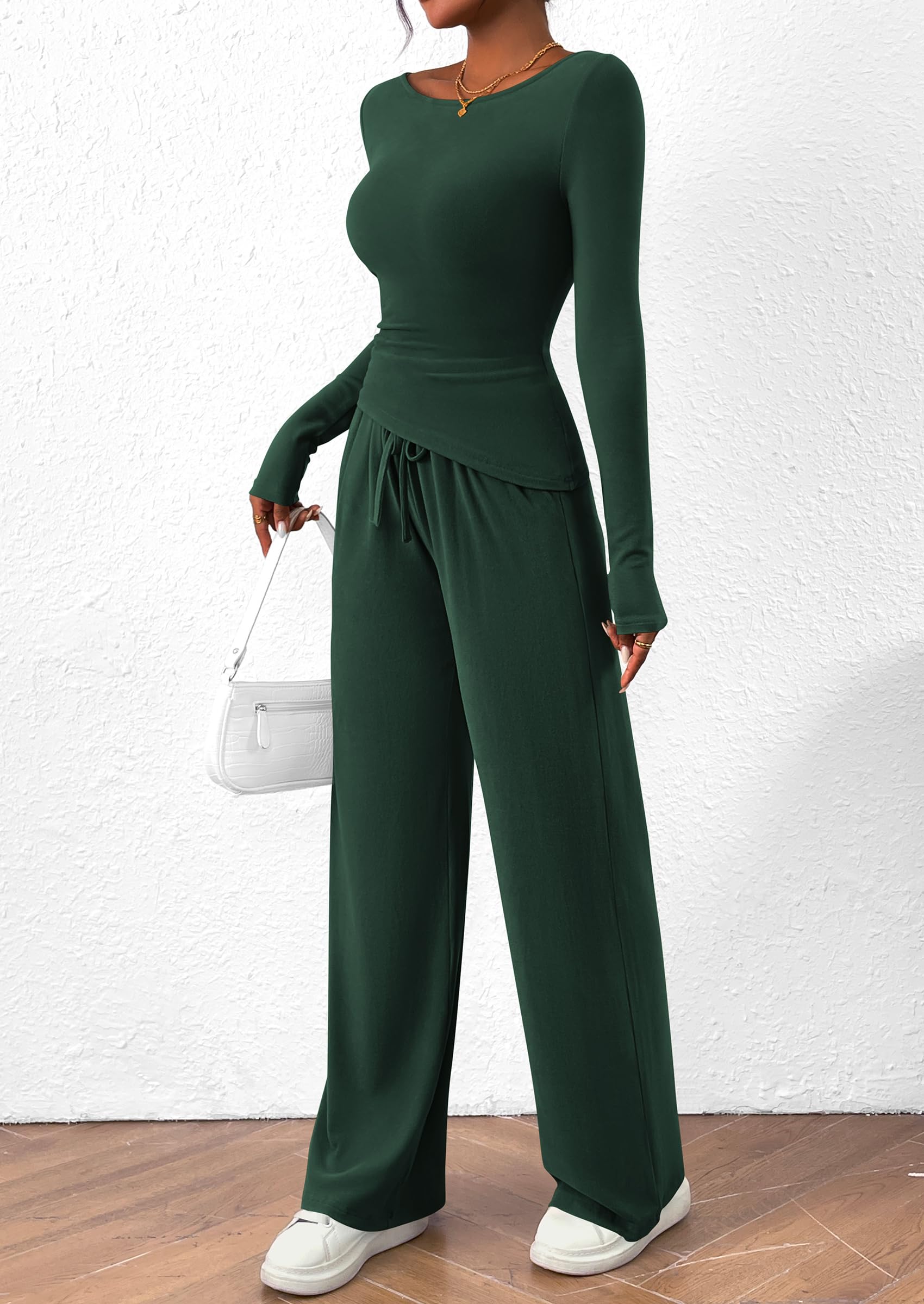 PRETTYGARDEN Women's 2 Piece Lounge Sets Asymmetrical Long Sleeve T Shirt Wide Leg Pants Casual Outfits Tracksuit