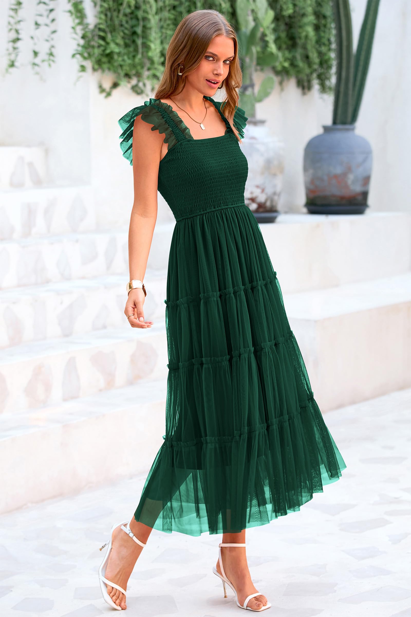 PRETTYGARDEN Women's Tulle Midi Dress Sleeveless Smocked Ruffle Mesh Flowy Dresses Party Wedding Guest Sundress