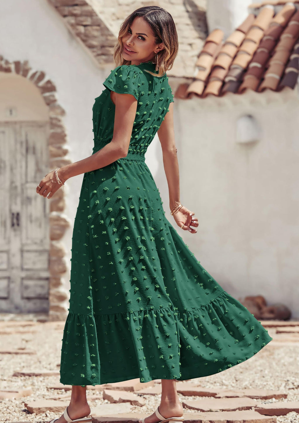 PRETTYGARDEN Womens Dresses Summer Maxi Dress Boho Short Sleeve V Neck Swiss Dot Ruffle Tiered Smocked Flowy Long Dress
