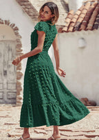 PRETTYGARDEN Womens Dresses Summer Maxi Dress Boho Short Sleeve V Neck Swiss Dot Ruffle Tiered Smocked Flowy Long Dress