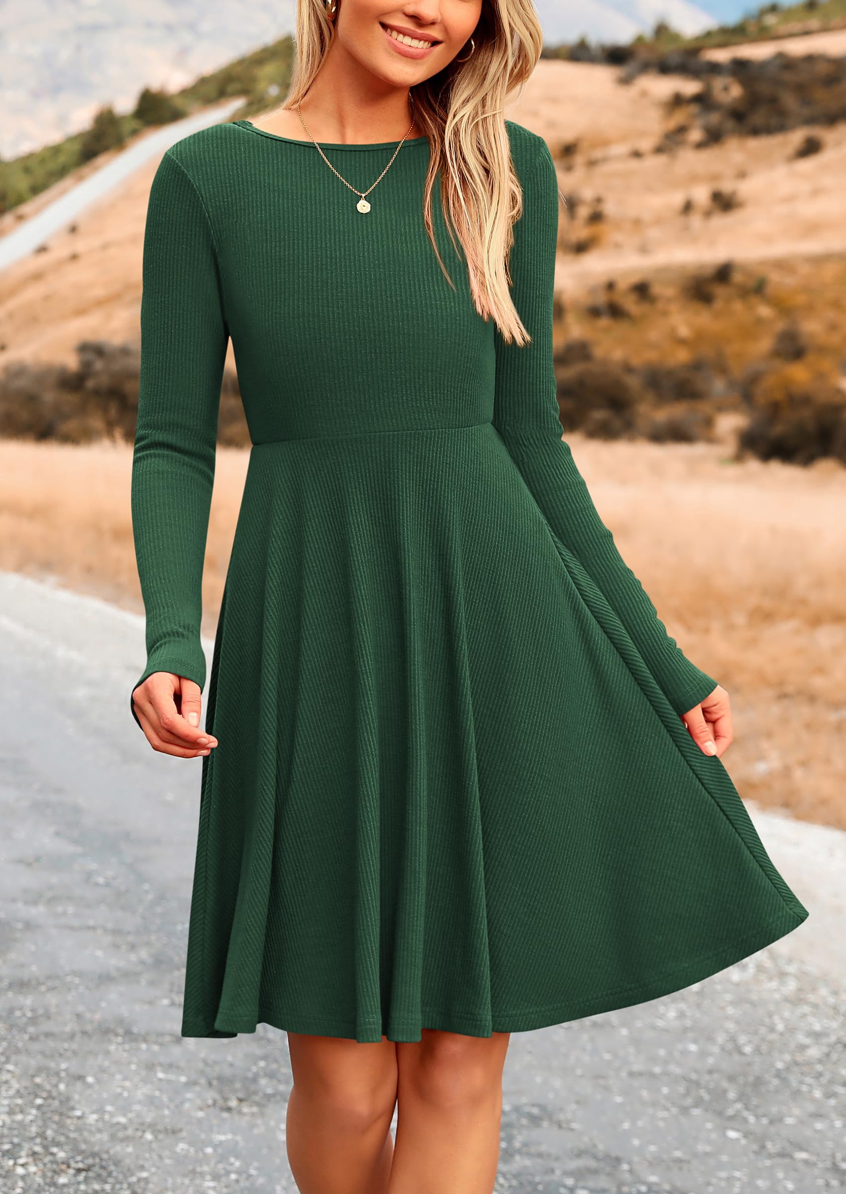 PRETTYGARDEN Women's Spring Fall Short Dress Ribbed Knit Crewneck Long Sleeve A Line Flowy Casual Elegant Going Out Dresses