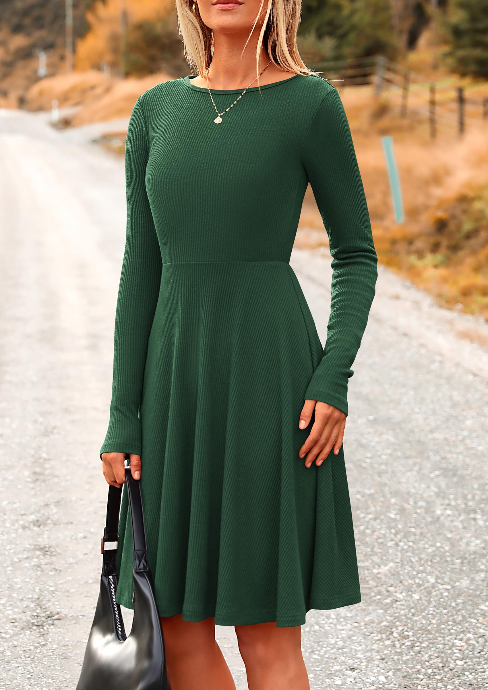 PRETTYGARDEN Women's Spring Fall Short Dress Ribbed Knit Crewneck Long Sleeve A Line Flowy Casual Elegant Going Out Dresses