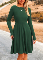 PRETTYGARDEN Women's Spring Fall Short Dress Ribbed Knit Crewneck Long Sleeve A Line Flowy Casual Elegant Going Out Dresses